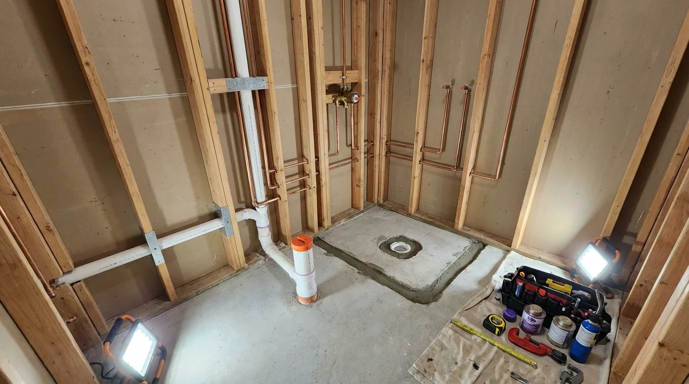 Bathroom rough-in plumbing during remodel by Johns Plumbing LLC in Stottville