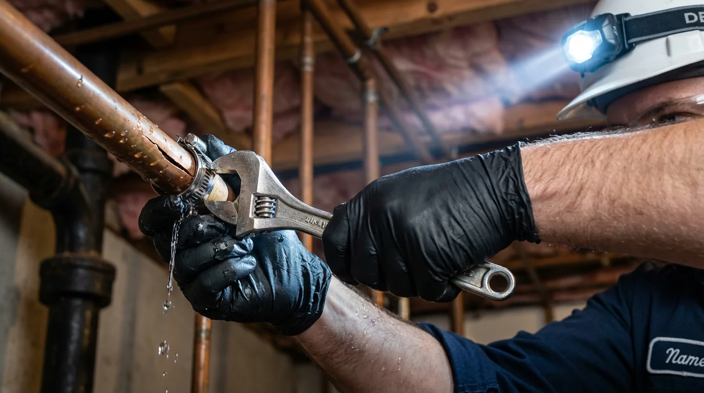 Emergency pipe clamp repair being performed by a Johns Plumbing LLC plumber in Stottville