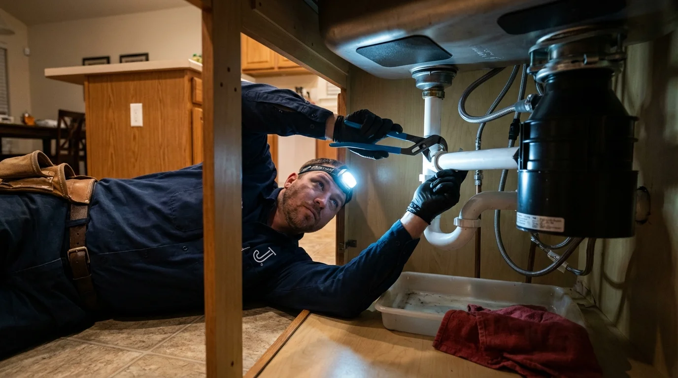 P-trap and supply line connections under a kitchen sink showing a common leak point in Stottville, NY